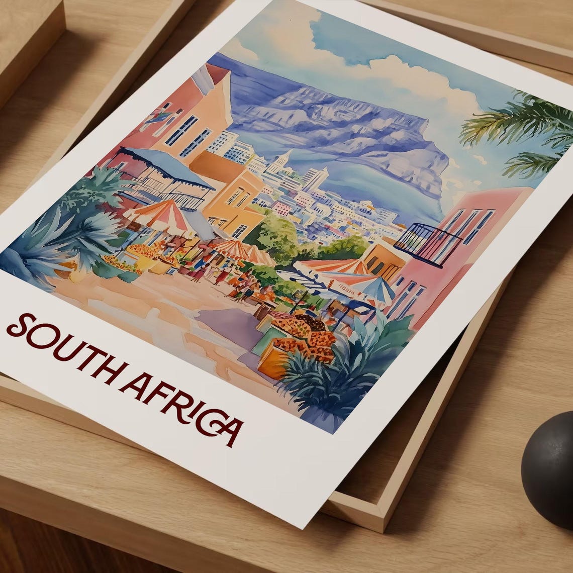 South Africa Table Mountain Watercolor Cape Town Scene Poster - Image 2