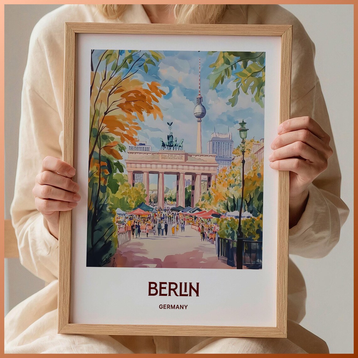 Berlin Germany Brandenburg Gate Market Watercolor Travel Poster
