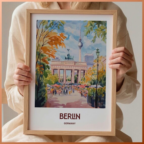 Berlin Germany Brandenburg Gate Market Watercolor Travel Poster