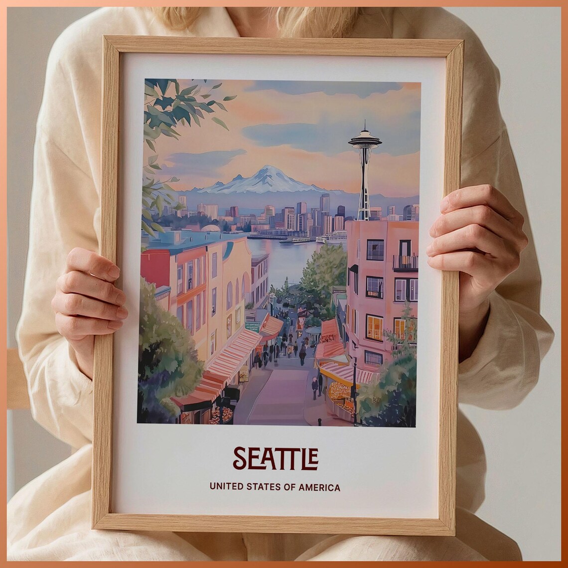 Seattle Space Needle Pike Place Market Skyline Watercolor Travel Poster