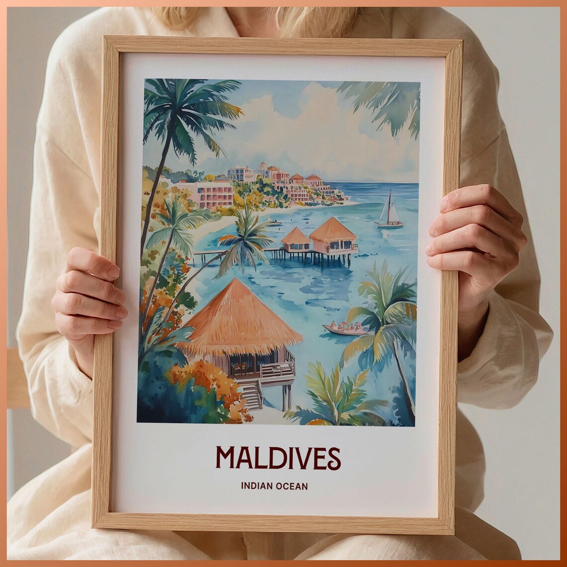 Maldives Indian Ocean Watercolor Overwater Bungalows Palm Beach Poster