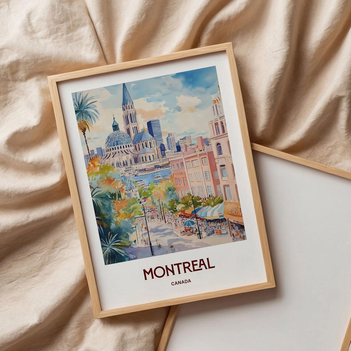 Montreal Canada Watercolor Basilica City Skyline Busy Street Scene Poster - Image 3