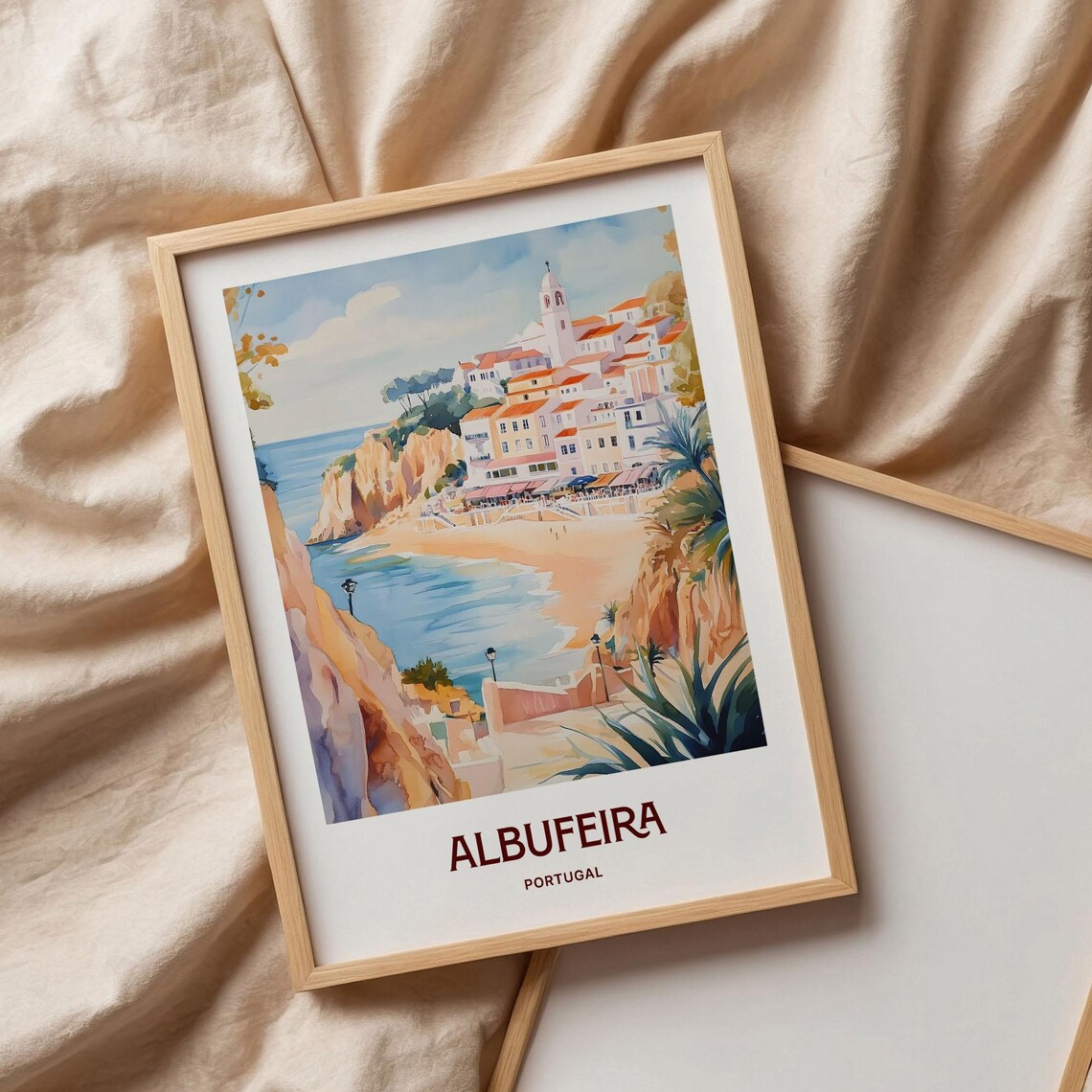 Albufeira Portugal Beach Cove Cliffs White Town Watercolor Travel Poster - Image 3