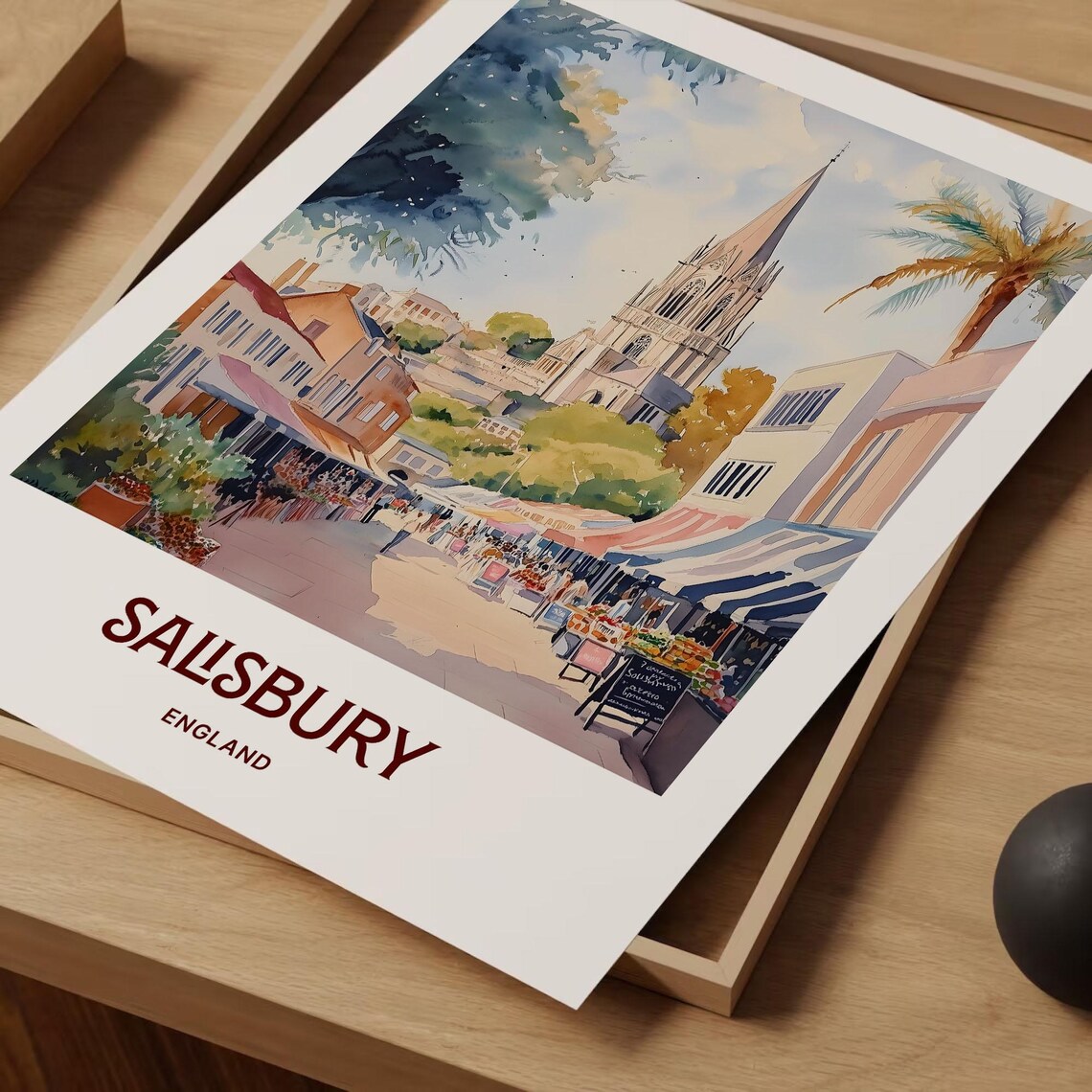 Salisbury England Watercolor Cathedral Spire Market Street Scene Poster - Image 2