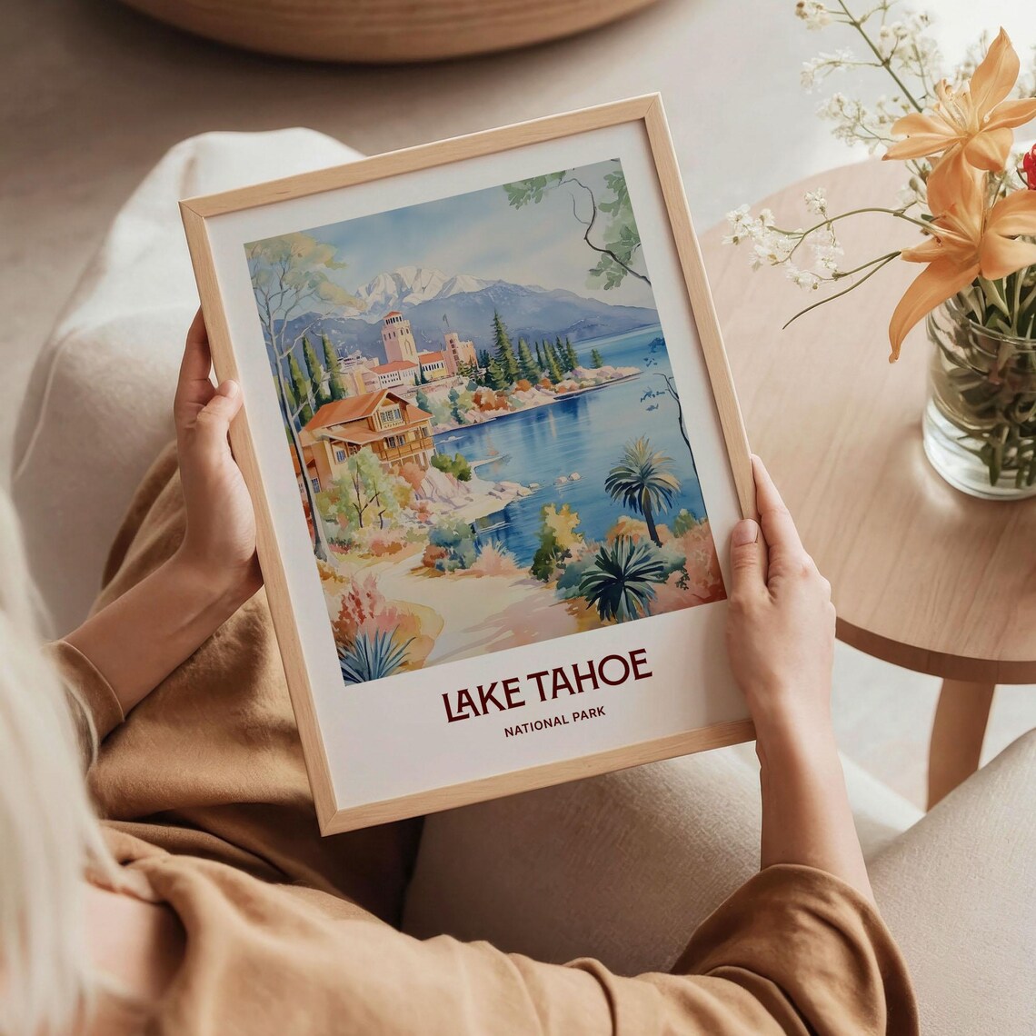 Serene Lake Tahoe Lakeside Lodge Mountain Watercolor Travel Poster - Image 5