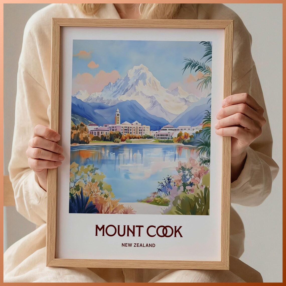 Snowy Mount Cook New Zealand Alpine Lake Watercolor Travel Poster