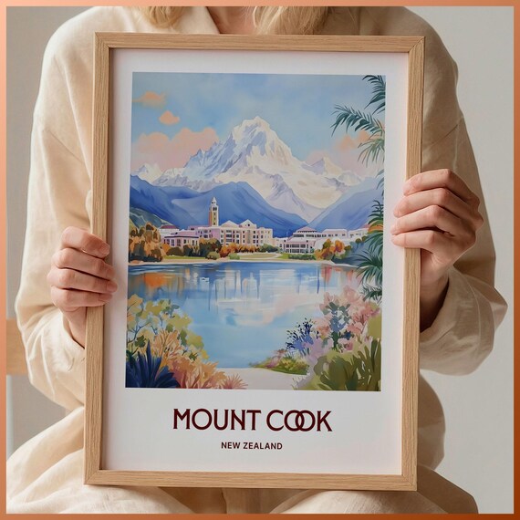 Snowy Mount Cook New Zealand Alpine Lake Watercolor Travel Poster