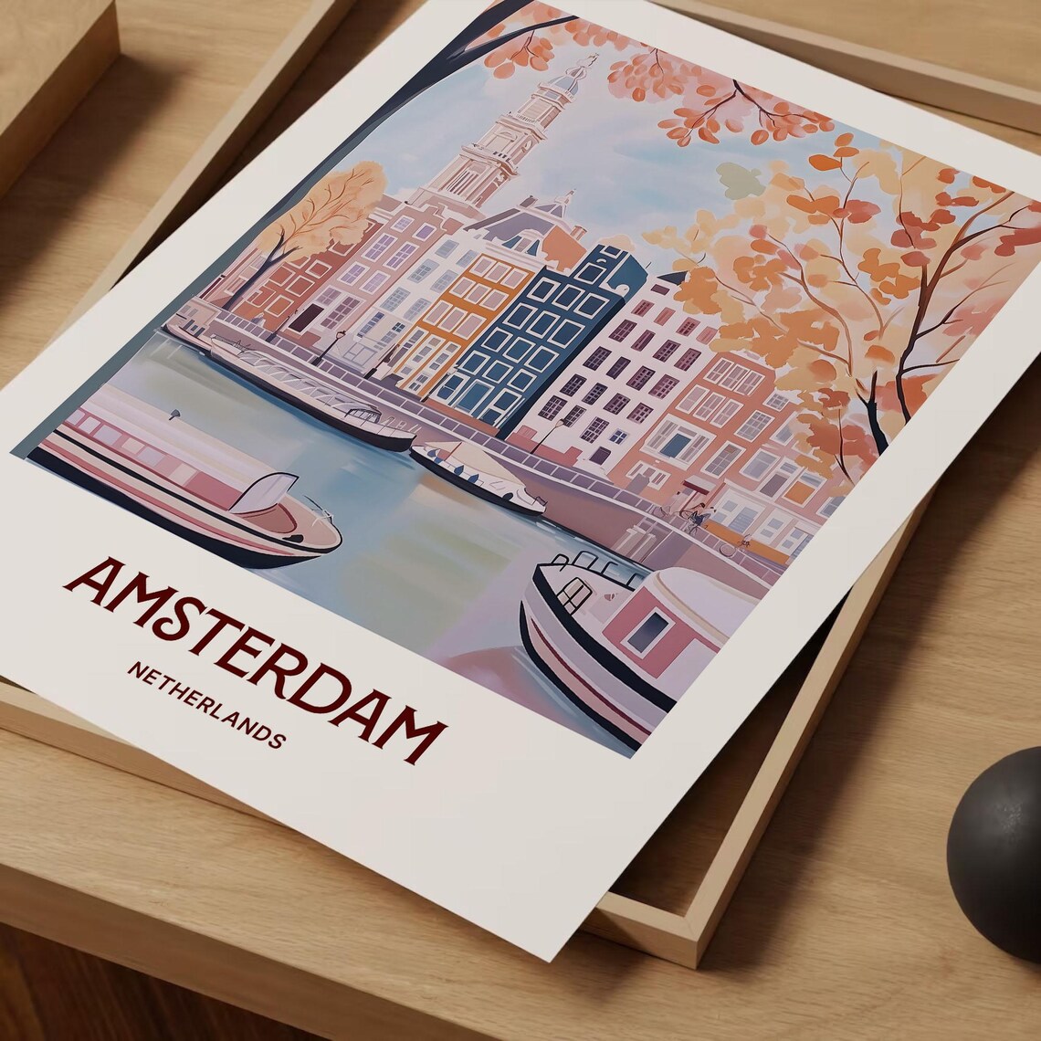 Amsterdam Netherlands Canal Boat Gabled House Autumn Travel Poster - Image 2