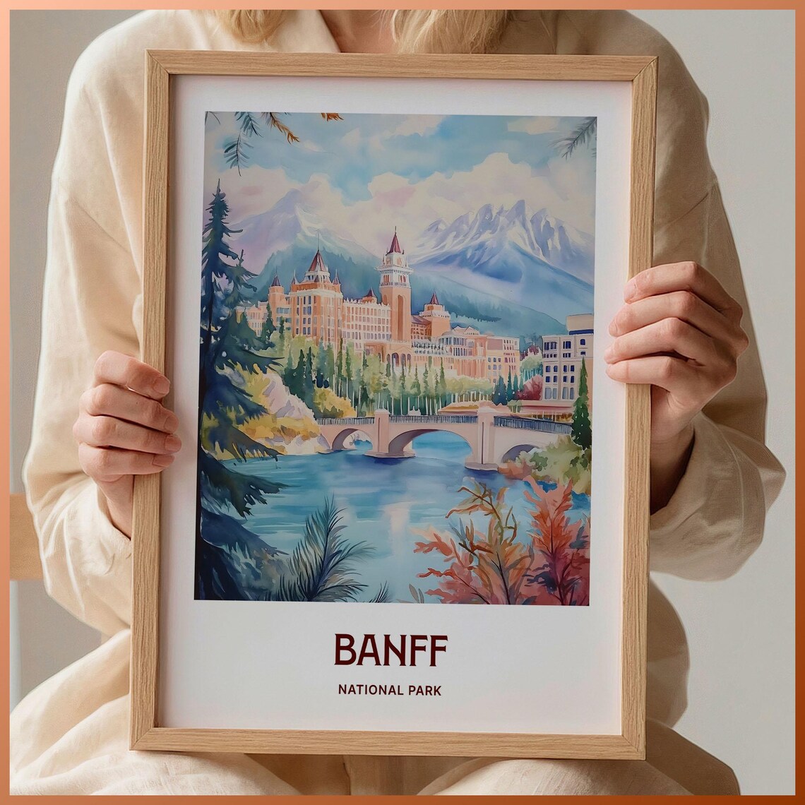 Banff National Park Pastel Mountain Lake Hotel Landscape Poster