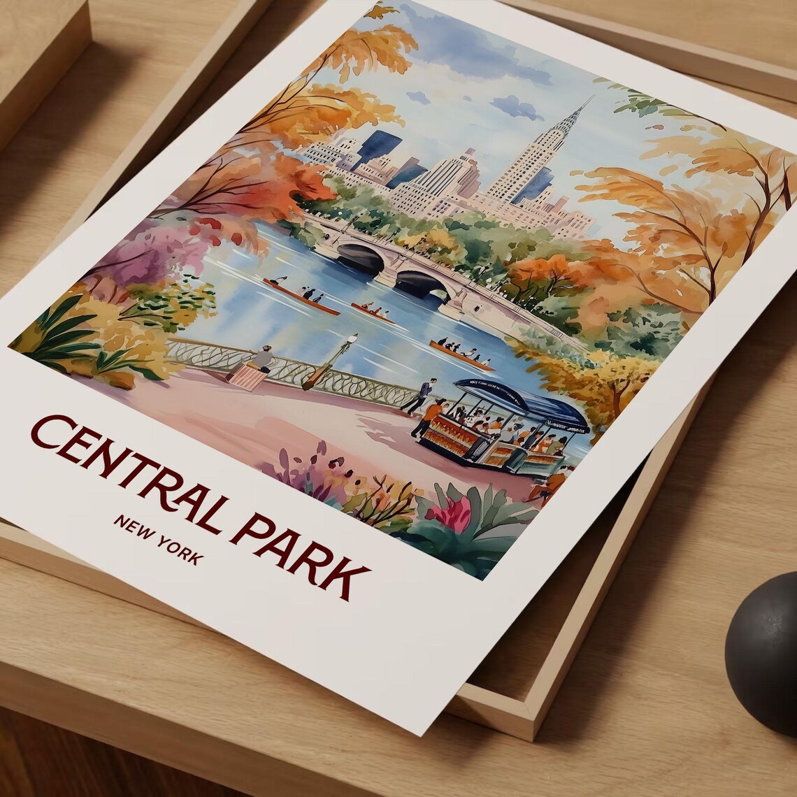 Central Park New York Rowboat Lake Bridge Watercolor Autumn Poster - Image 2