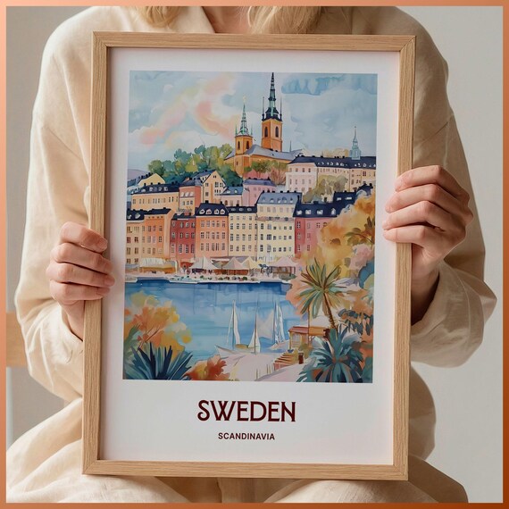 Sweden Stockholm Old Town Sailboat Harbor Pastel Watercolor Poster