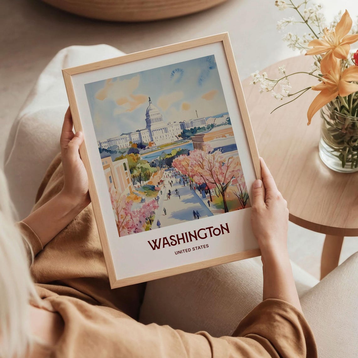 Washington DC Capitol Cherry Blossoms Watercolor Travel Poster - Image 5