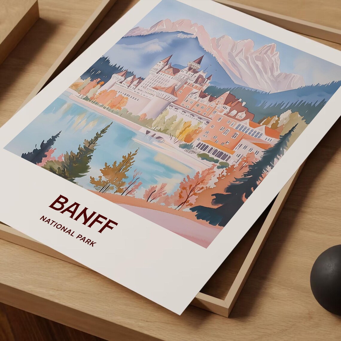 Banff National Park Canada Fairmont Lakeside Castle Watercolor Poster - Image 2