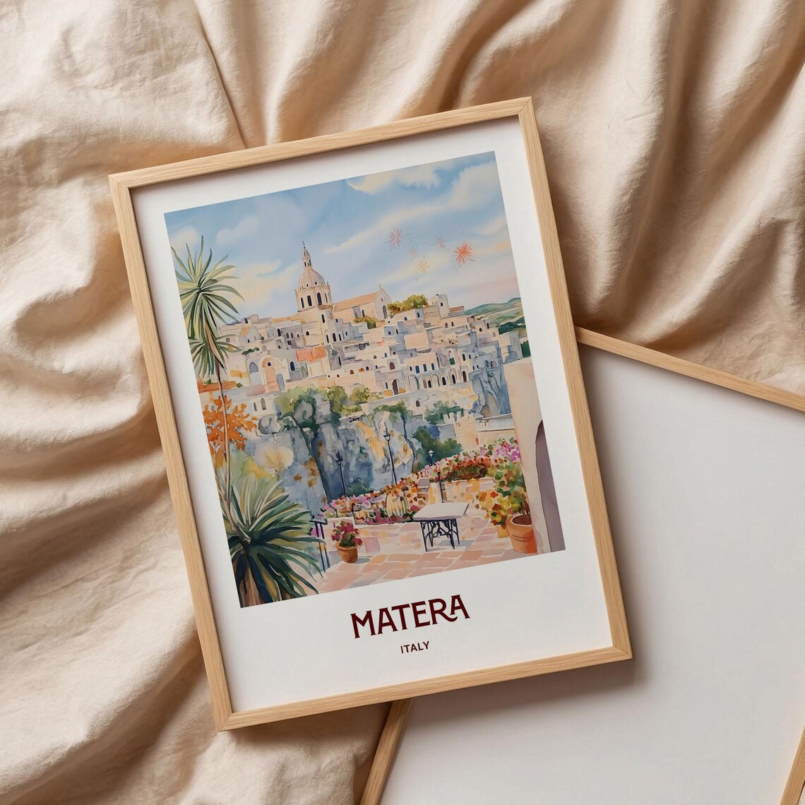 Matera Italy Watercolor Ancient Cave Dwellings Flower Terrace View Poster - Image 3