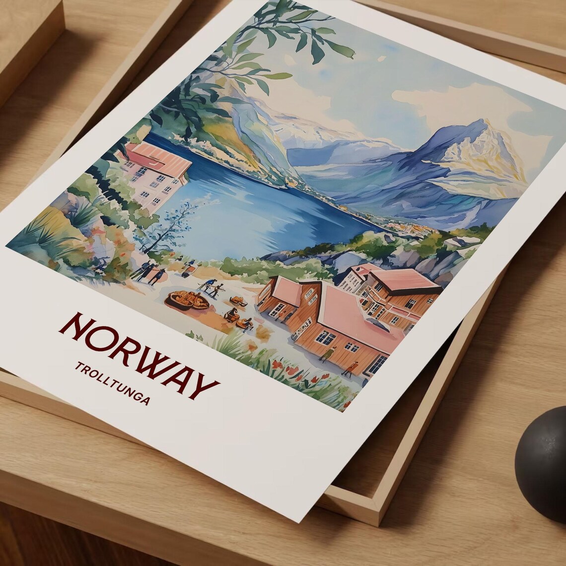Norway Trolltunga Fjord Village Peaks Watercolor Travel Poster - Image 2
