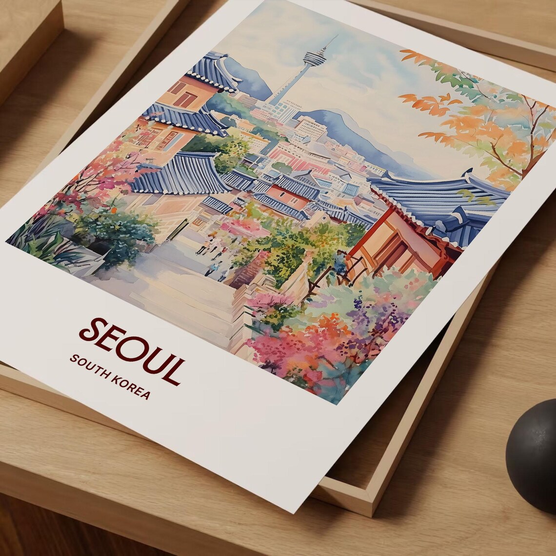 Seoul South Korea Watercolor Hanok Village Tower View Poster - Image 2