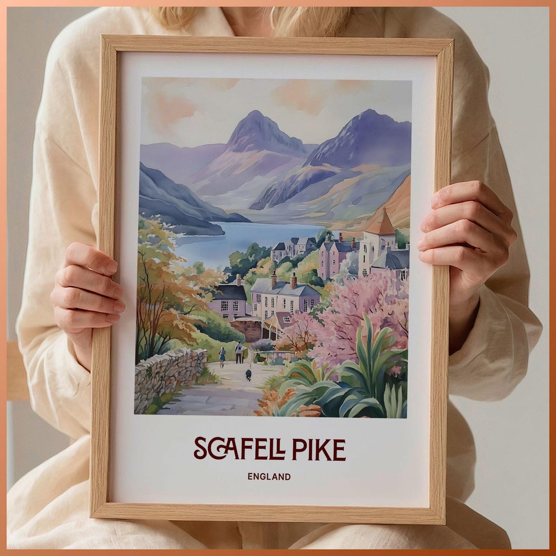 Scafell Pike Lake District Mountain Village Watercolor England Print
