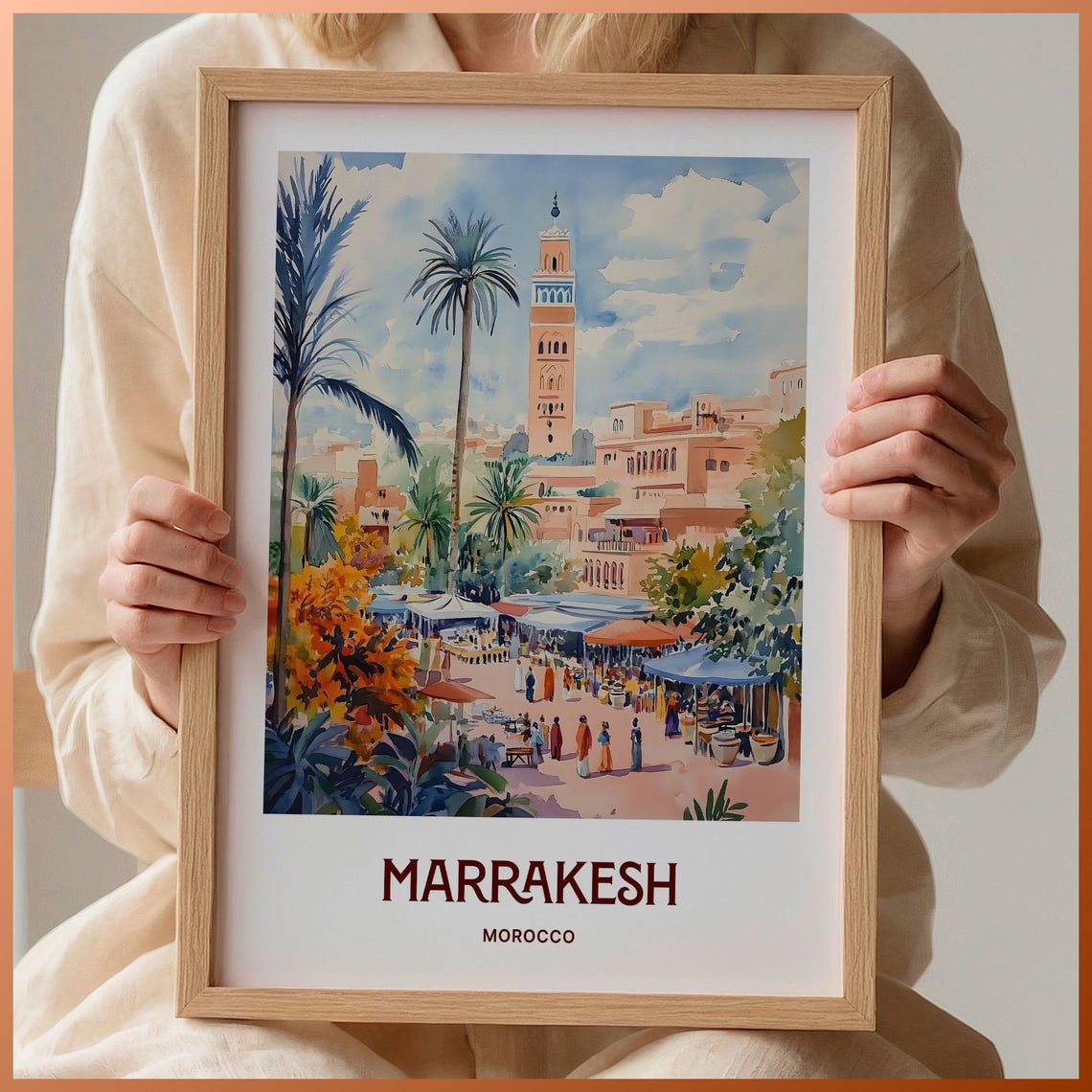 Marrakesh Morocco Koutoubia Minaret Souk Market Watercolor Poster