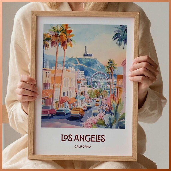 Los Angeles California Hollywood Hills Palm Tree Watercolor Travel Poster