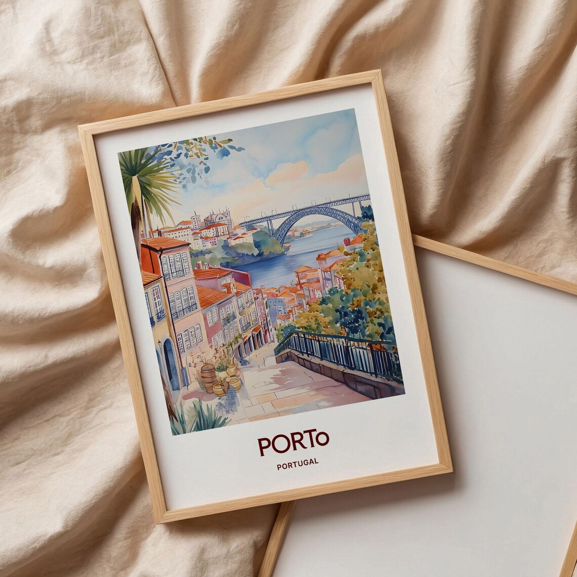 Porto Portugal Riverside Arched Bridge Old Town Watercolor Poster - Image 3