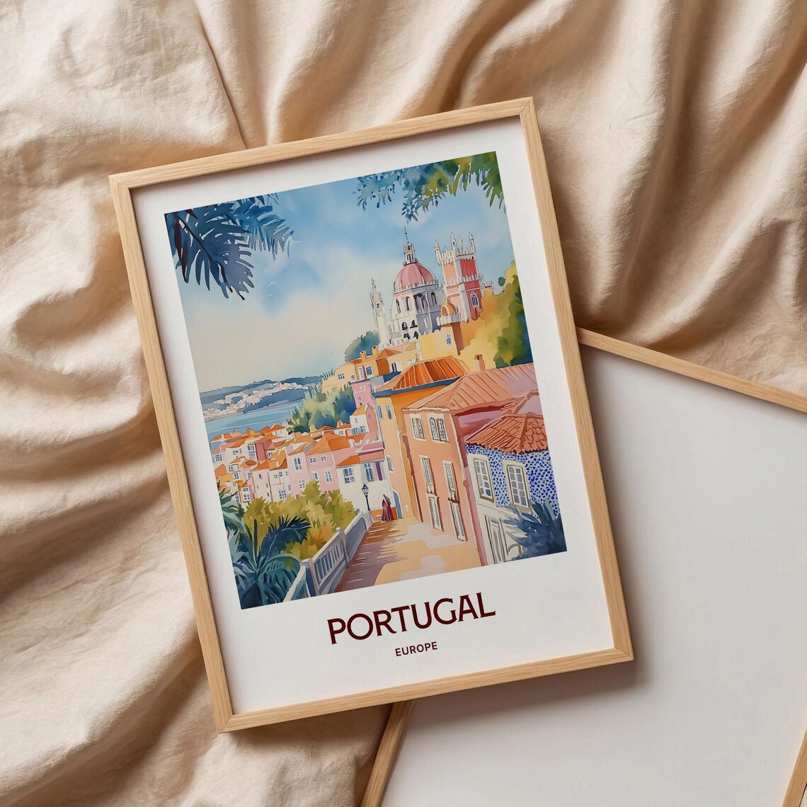 Portugal Coastal Town Waterfront Church Tile Facades Watercolor Travel Poster - Image 3