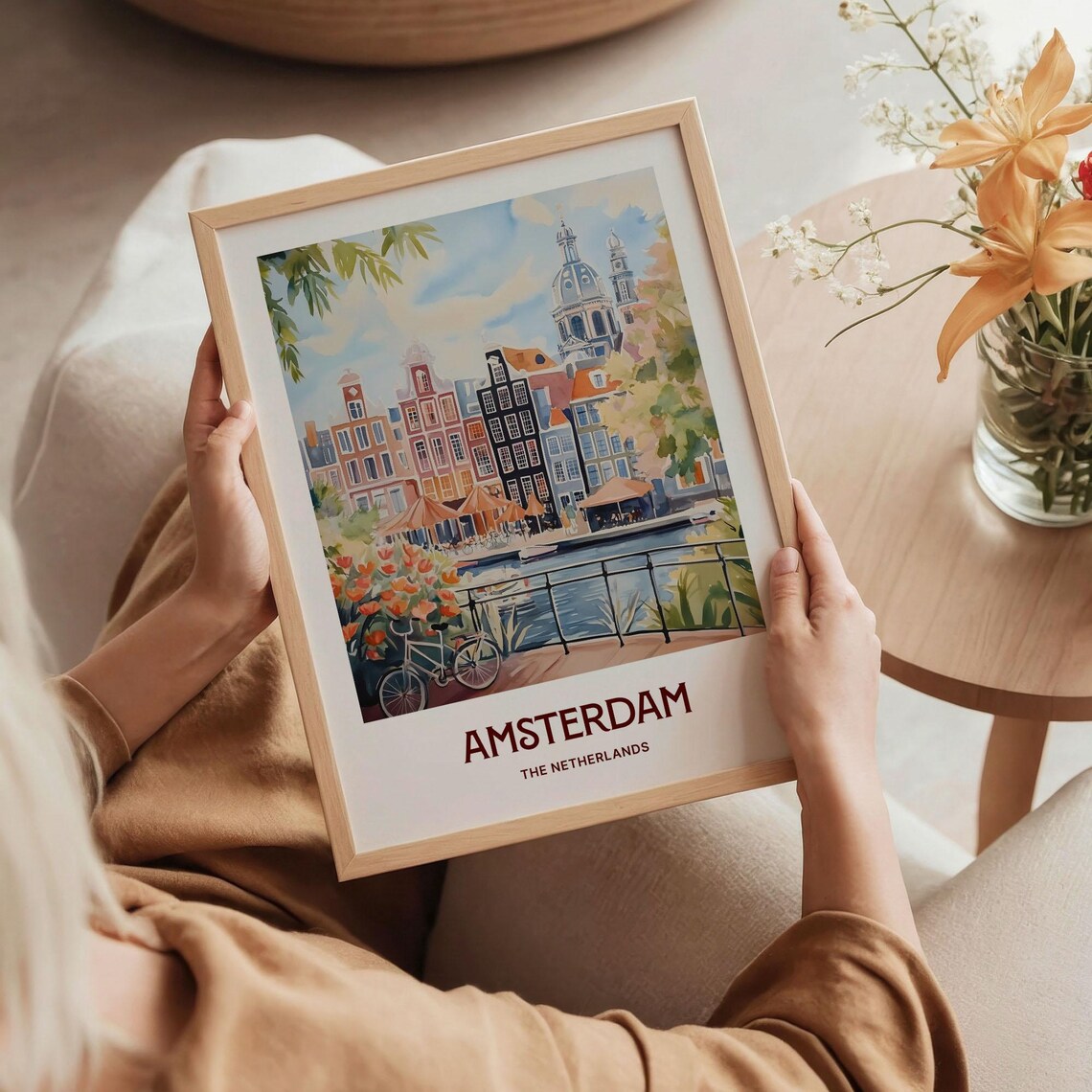 Amsterdam Netherlands Canal Houses Bike Tulips Watercolor City Poster - Image 5