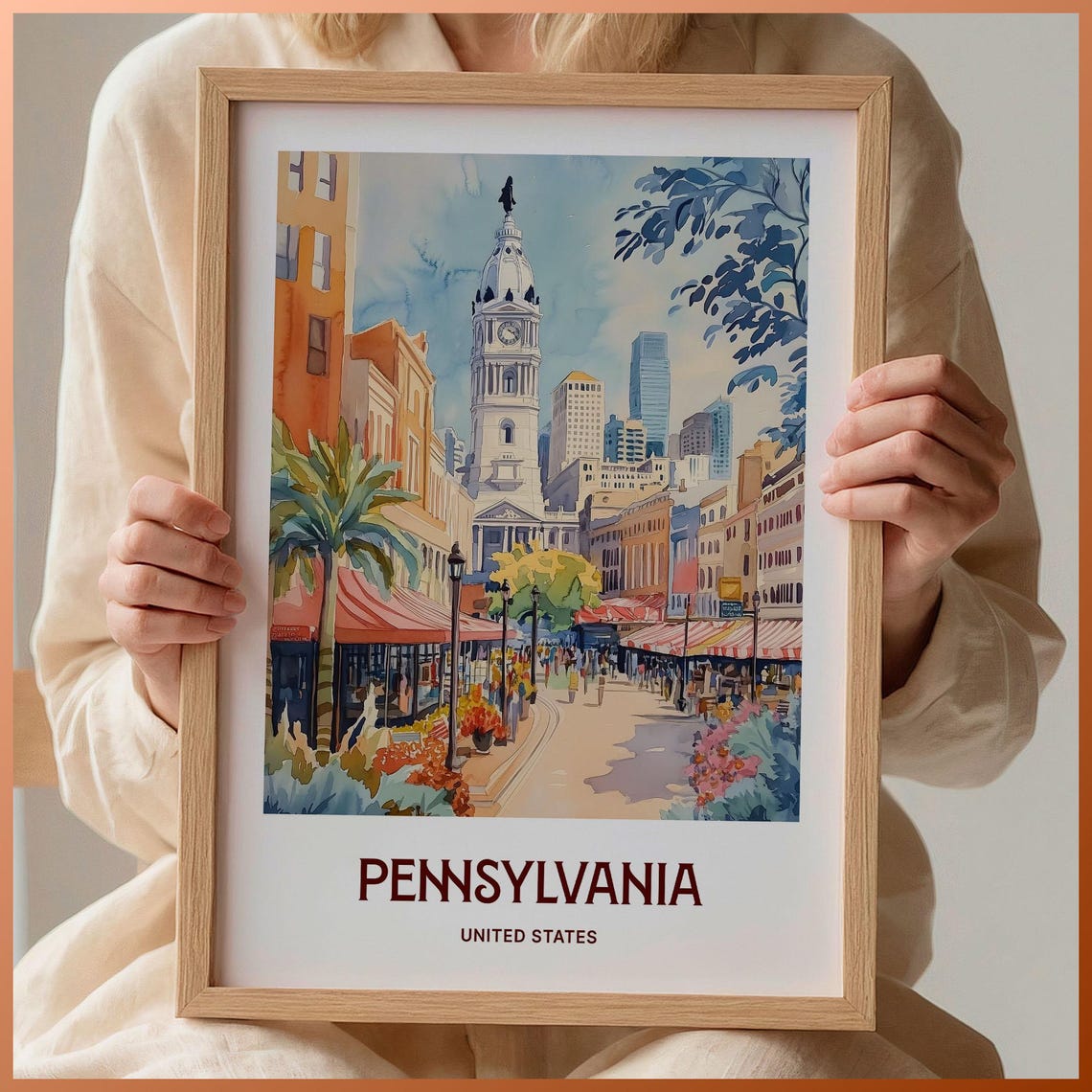 Philadelphia City Hall Historic Street Watercolor Travel Poster
