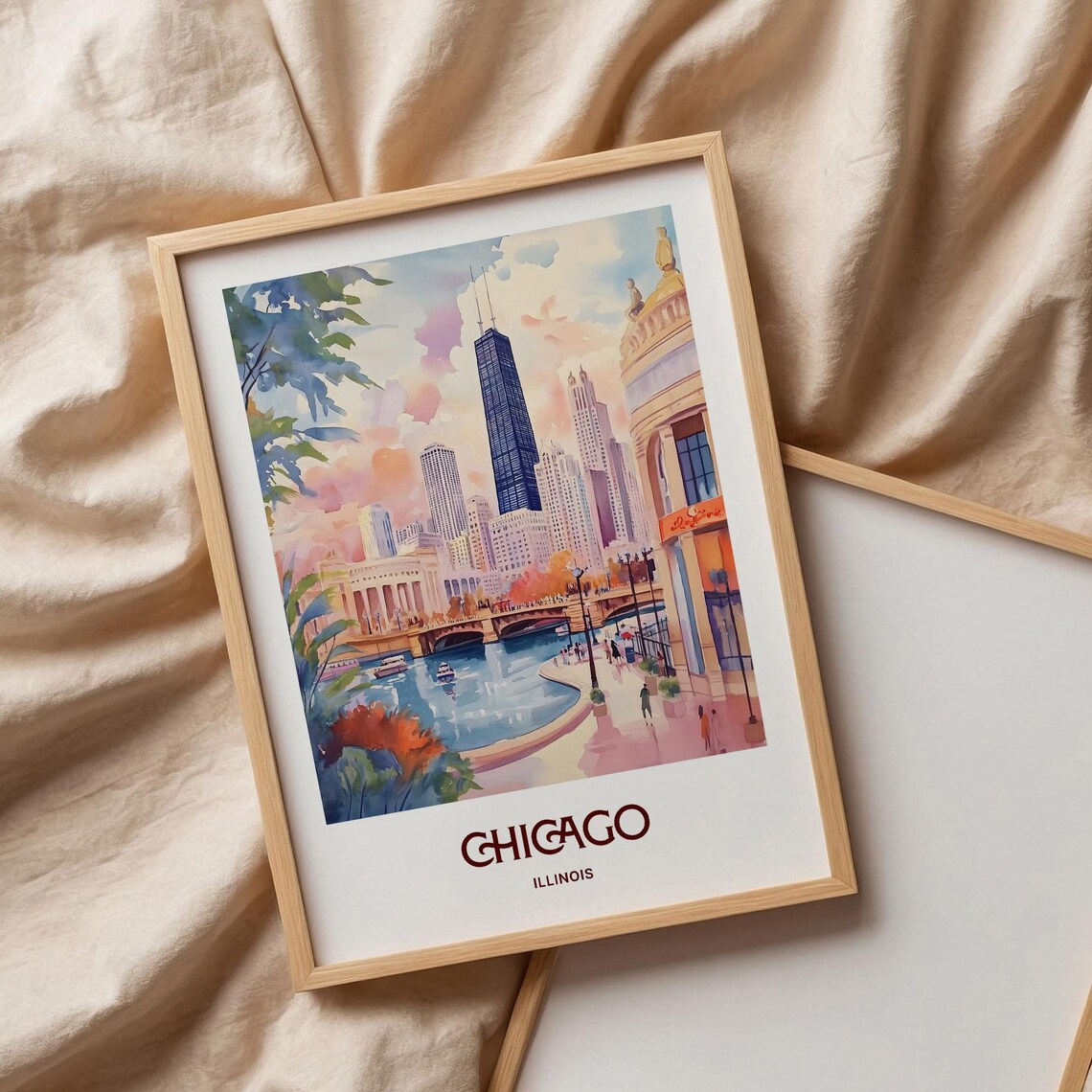 Chicago Illinois River Skyline Watercolor City Travel Poster - Image 3