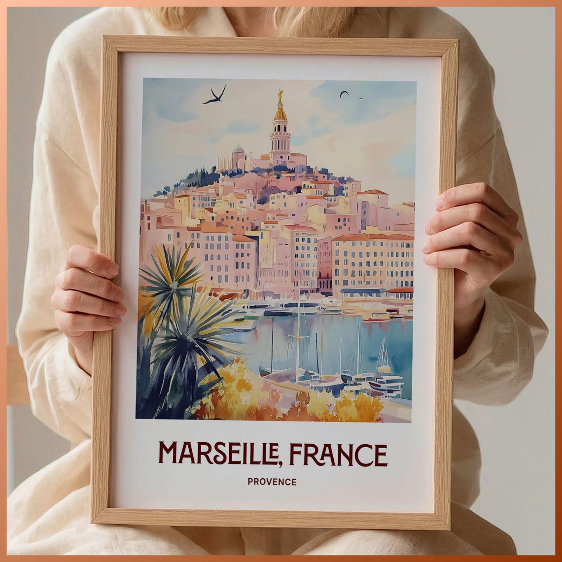 Marseille France Provence Old Port Hilltop Watercolor Travel Poster