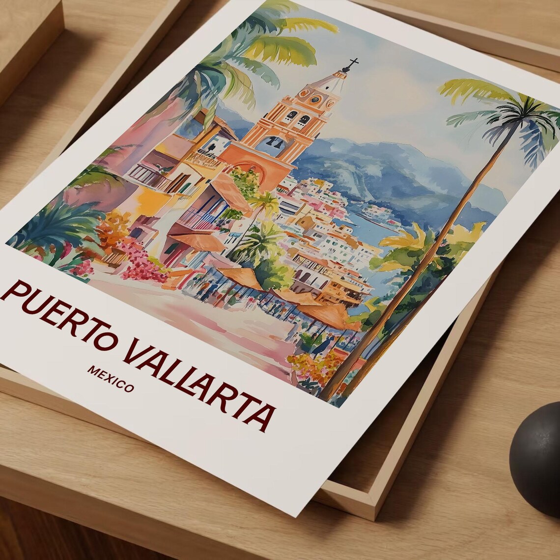 Puerto Vallarta Mexico Church Tower Boardwalk Watercolor Travel Poster - Image 2