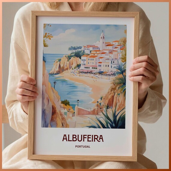 Albufeira Portugal Beach Cove Cliffs White Town Watercolor Travel Poster