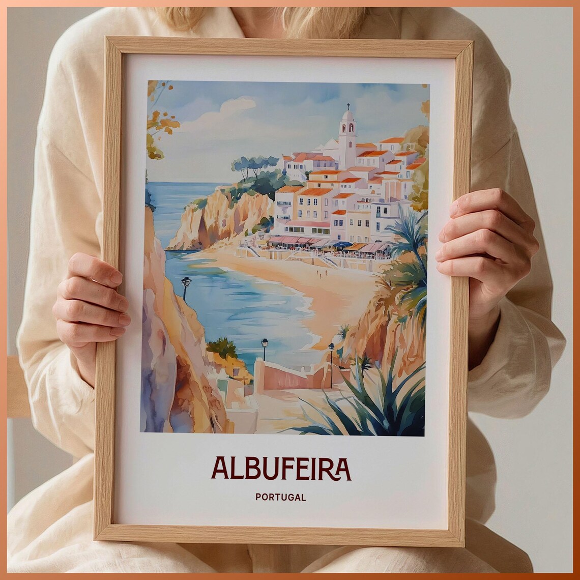 Albufeira Portugal Beach Cove Cliffs White Town Watercolor Travel Poster