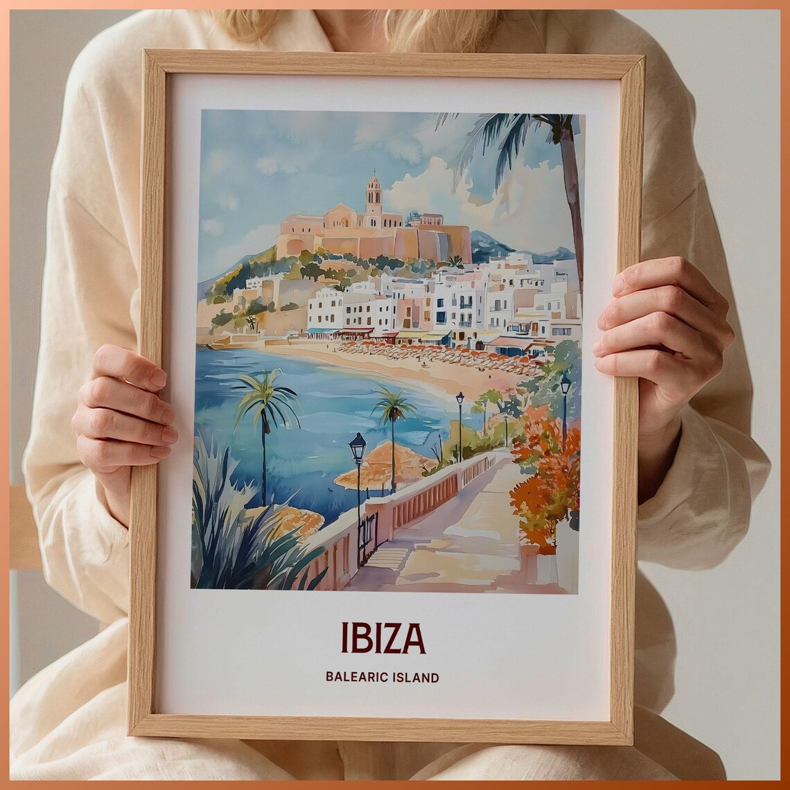 Ibiza Retro Minimalist Travel Poster, Coastal Cityscape