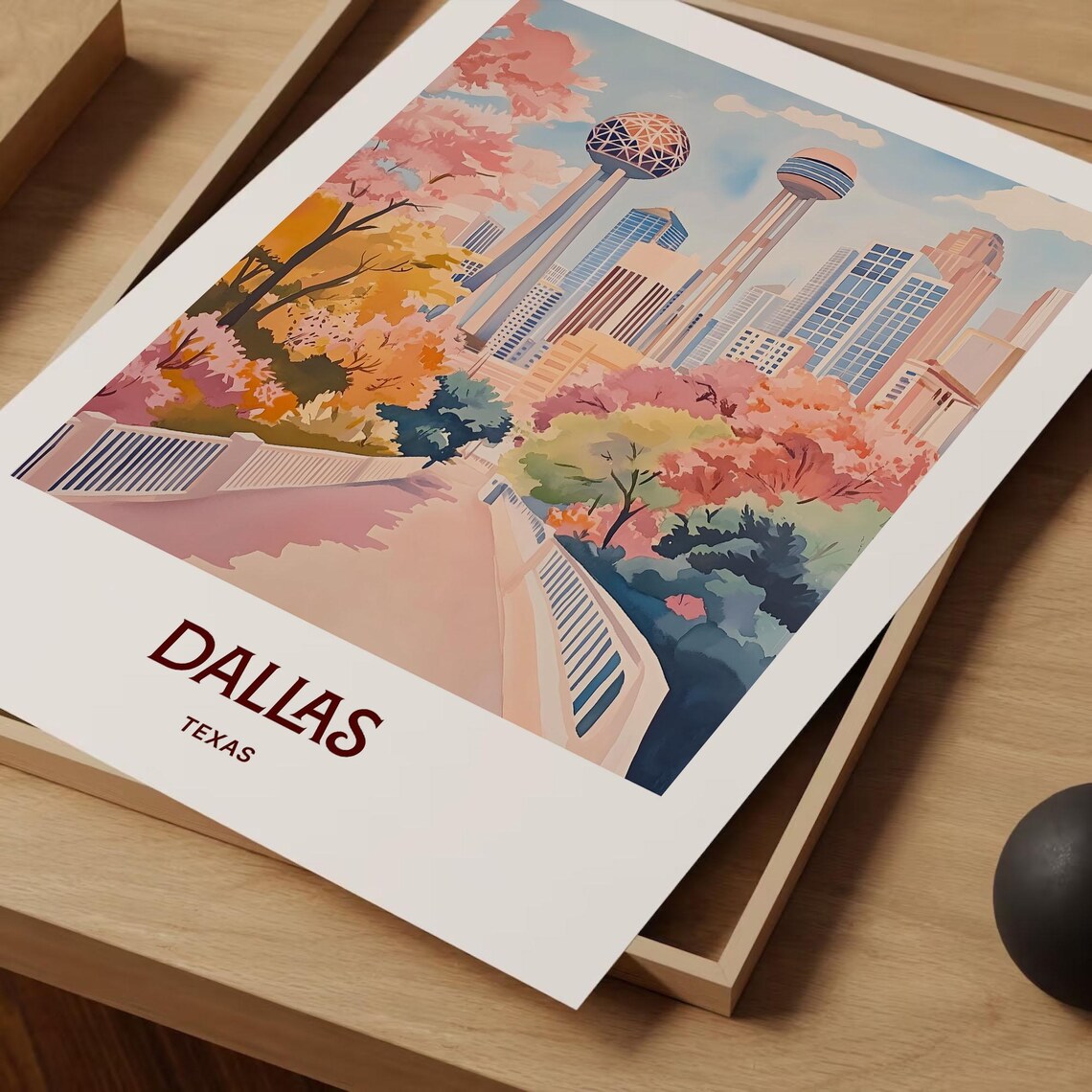 Dallas Texas Downtown Skyline Reunion Tower Watercolor Travel Poster - Image 2