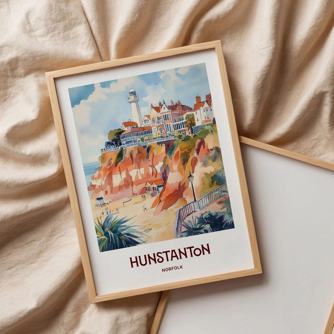 Hunstanton Norfolk Lighthouse Red Cliffs Watercolor Travel Poster
