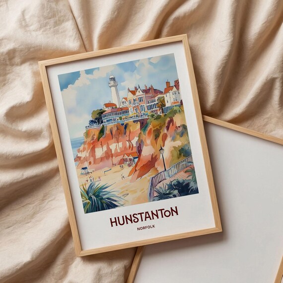 Hunstanton Norfolk Lighthouse Red Cliffs Watercolor Travel Poster