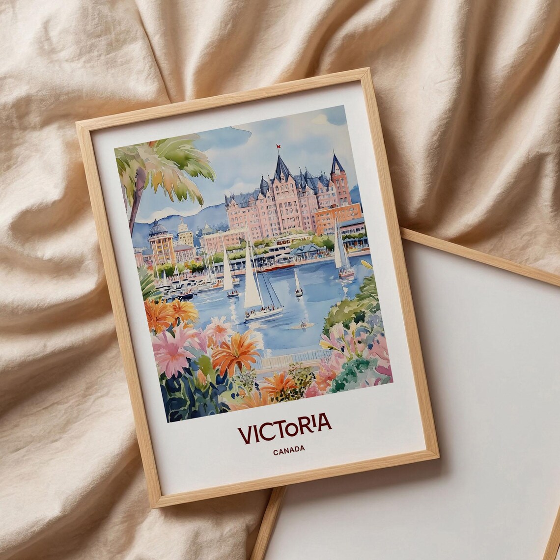 Victoria Canada Watercolor Harbor Sailboats Flowers City Skyline Poster - Image 3