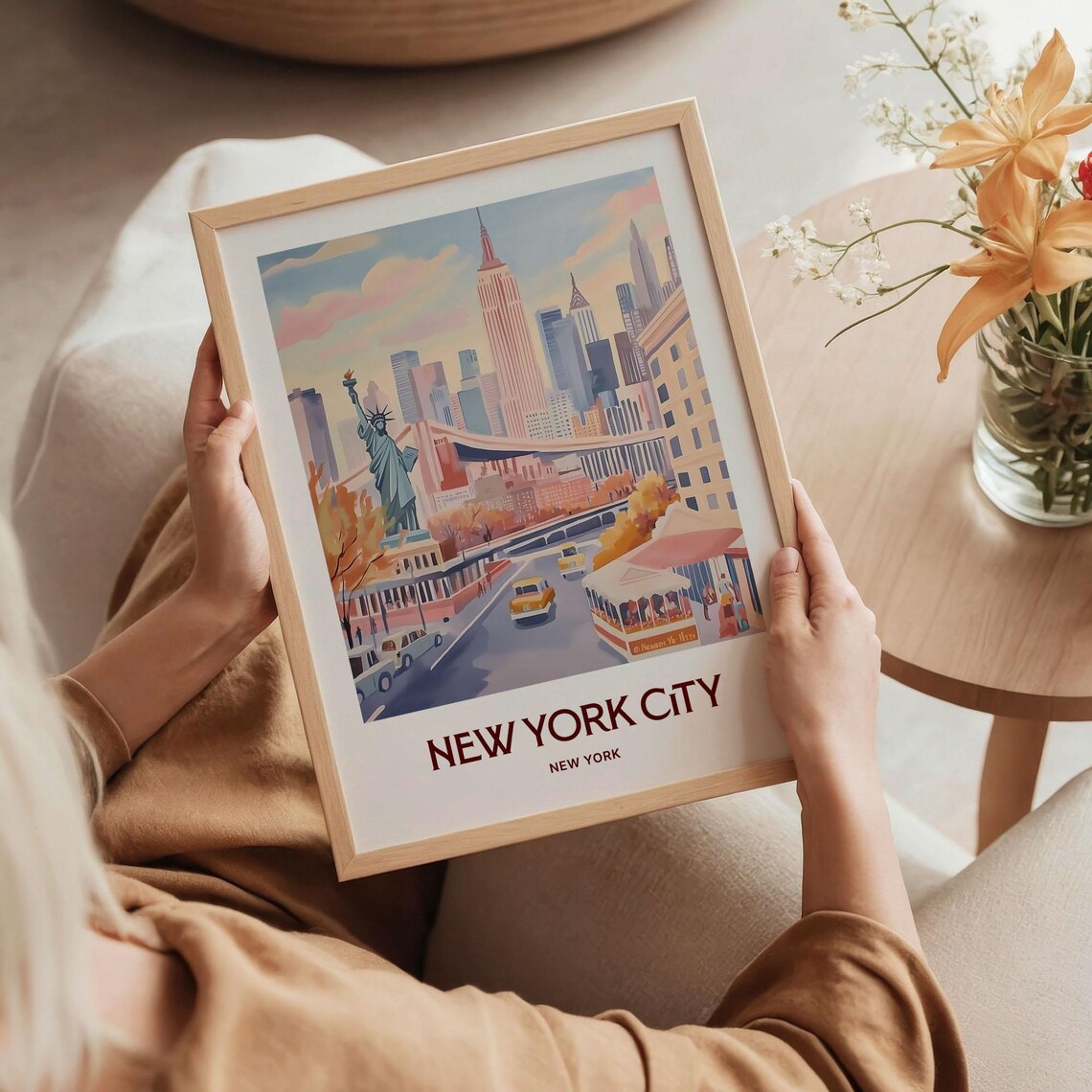 New York City Skyline Statue Of Liberty Watercolor Travel Poster - Image 5