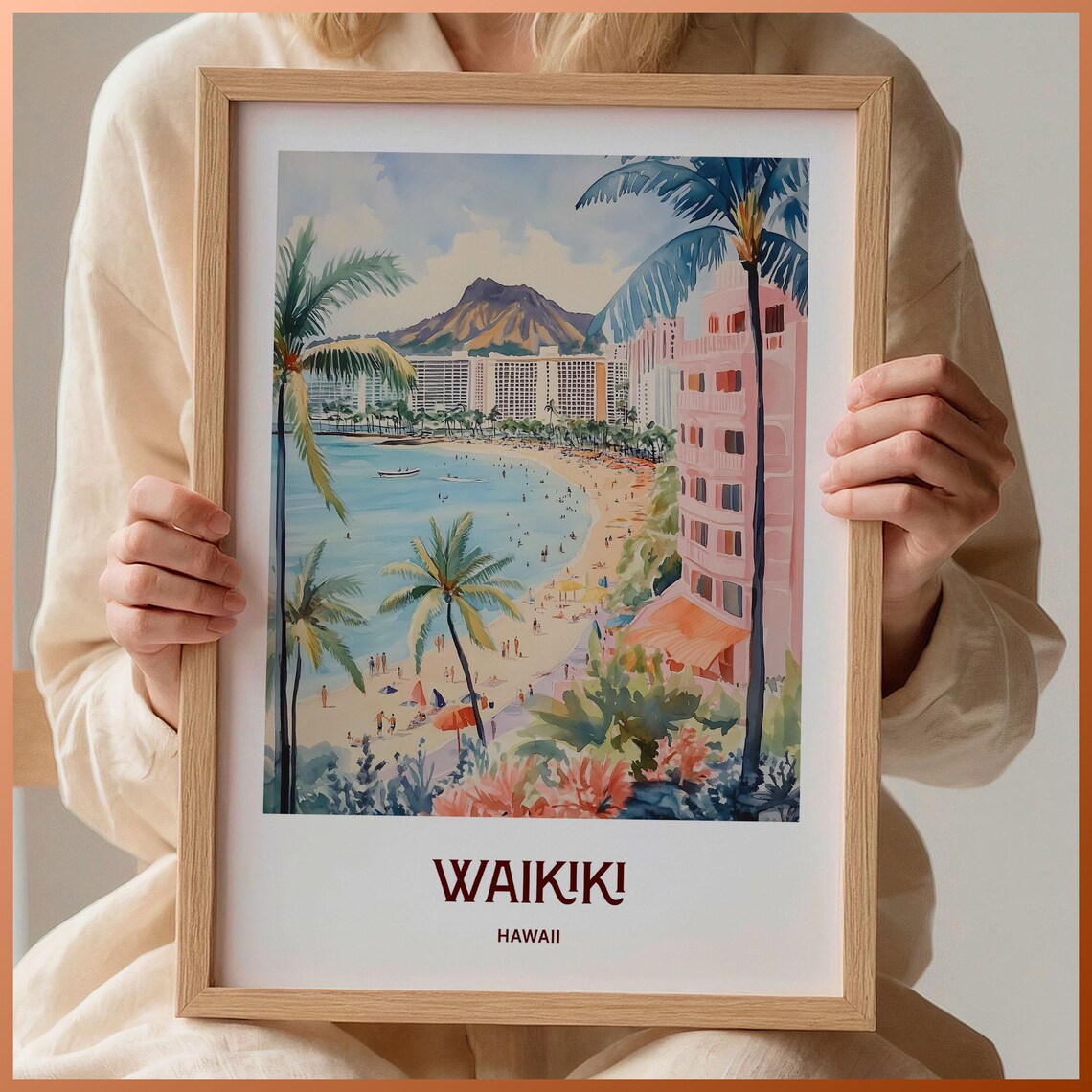 Waikiki Hawaii Beach Diamond Head Surf Watercolor Travel Poster