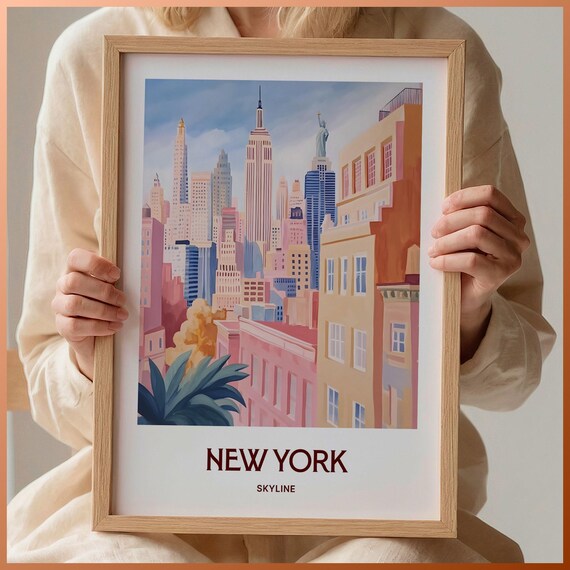 New York Skyline Empire State Statue of Liberty Travel Art Poster