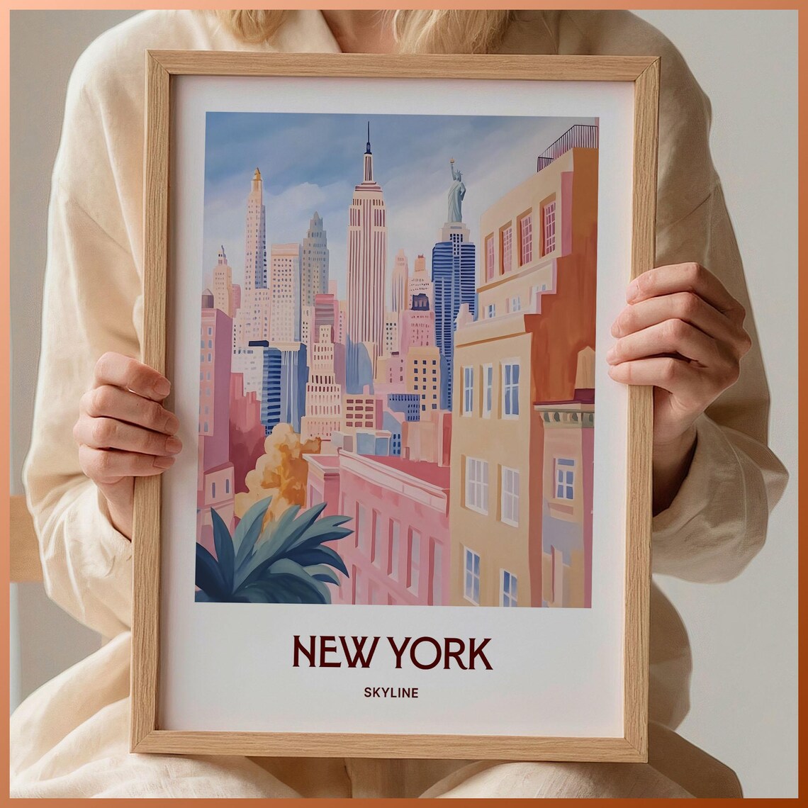 New York Skyline Empire State Statue of Liberty Travel Art Poster