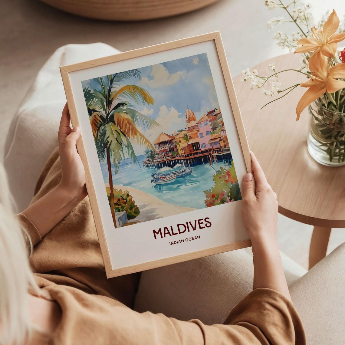 Maldives Indian Ocean Overwater Bungalows Watercolor Travel Poster - Image 5