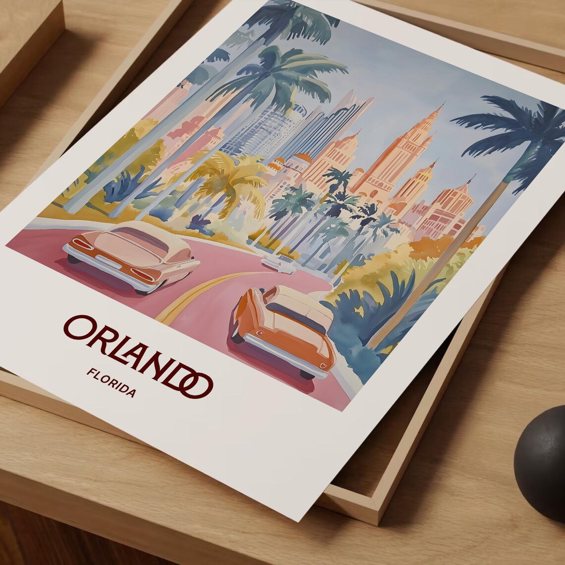 Orlando Florida Retro Skyline Palms Classic Cars Travel Art Poster - Image 2