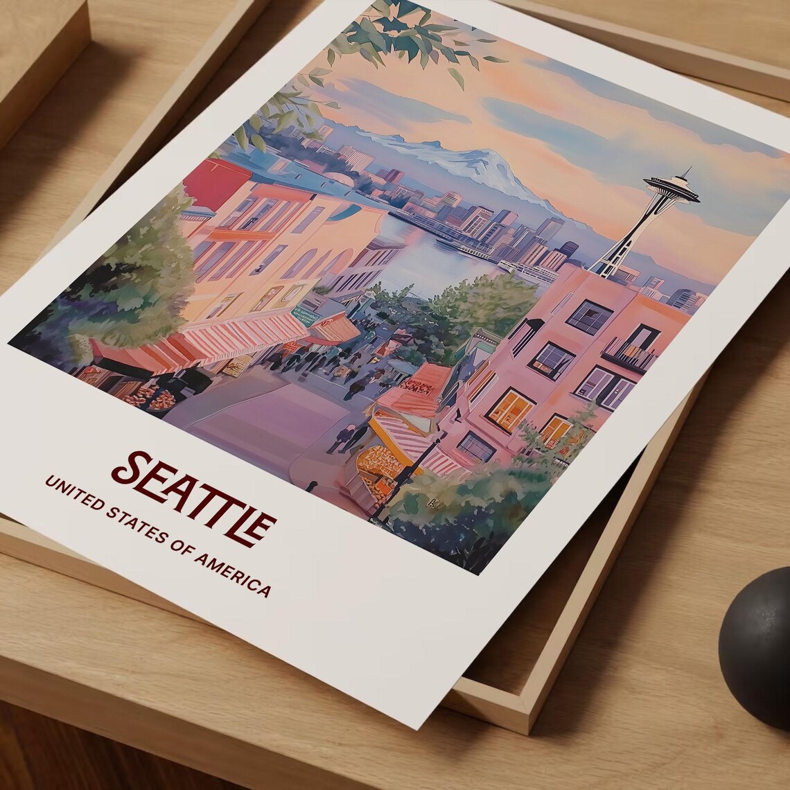 Seattle Space Needle Pike Place Market Skyline Watercolor Travel Poster - Image 2