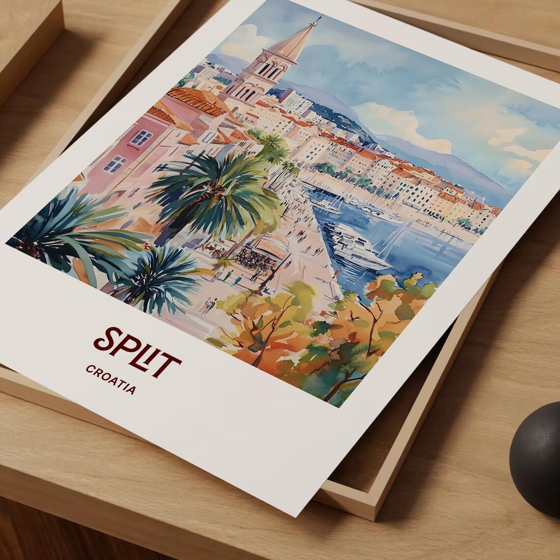 Split Croatia Harbor Promenade Bell Tower Watercolor Travel Poster Art - Image 2