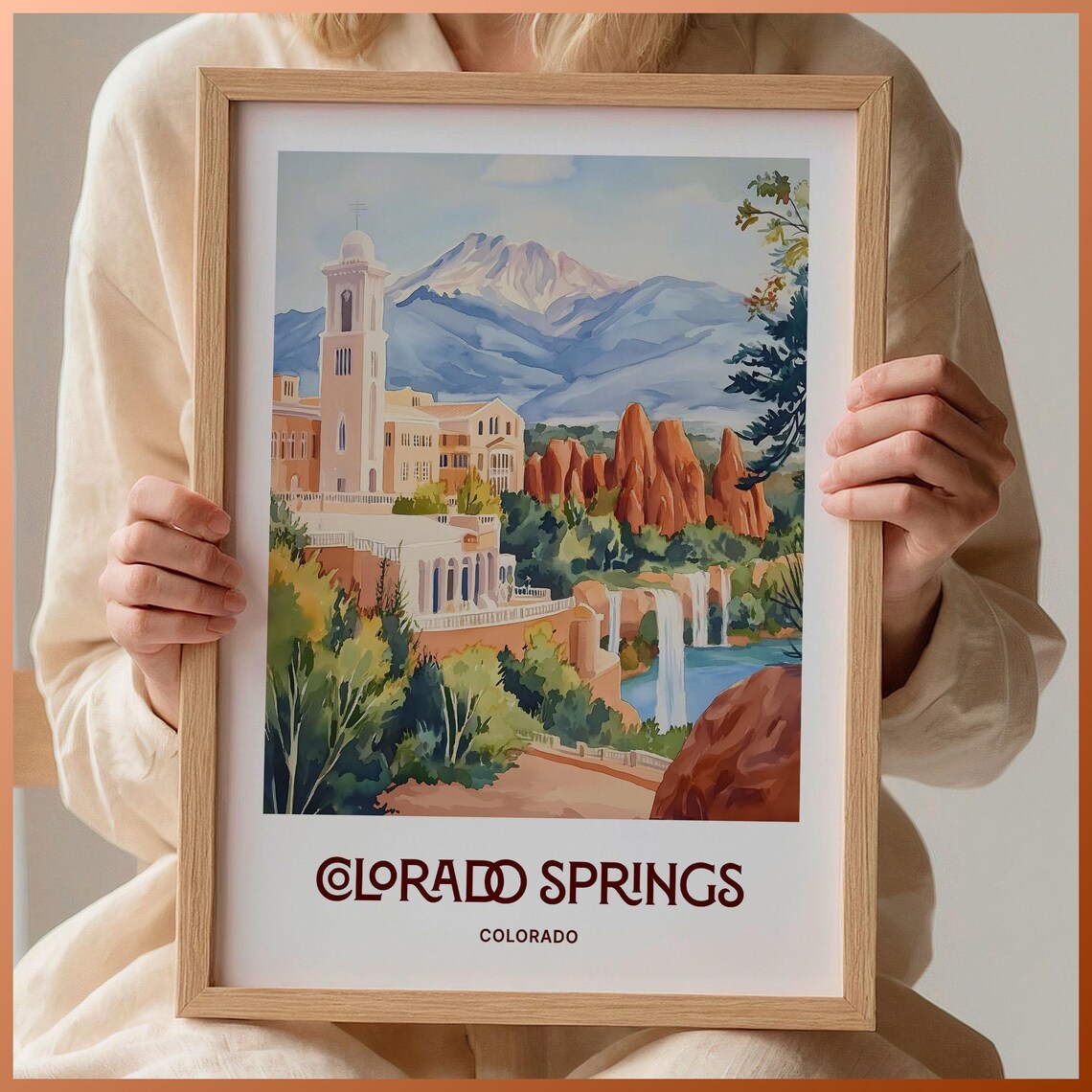 Colorado Springs Colorado Red Rocks Falls Watercolor Mountain Travel Poster