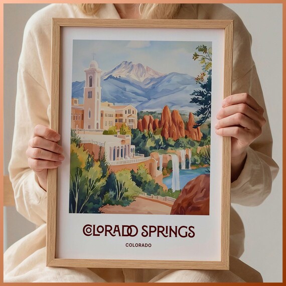 Colorado Springs Colorado Red Rocks Falls Watercolor Mountain Travel Poster