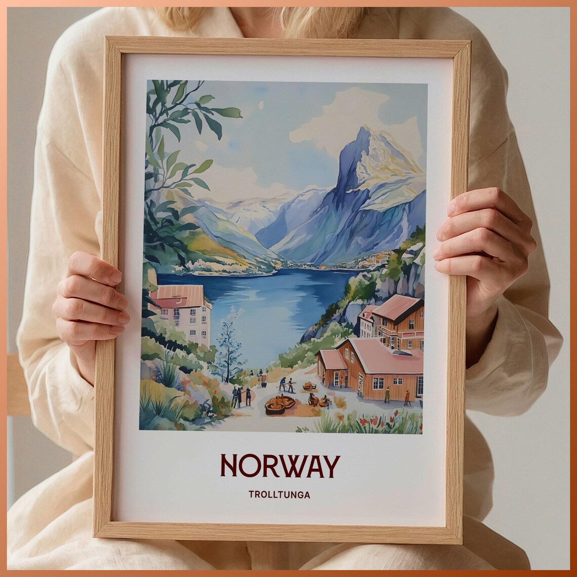 Norway Trolltunga Fjord Village Peaks Watercolor Travel Poster