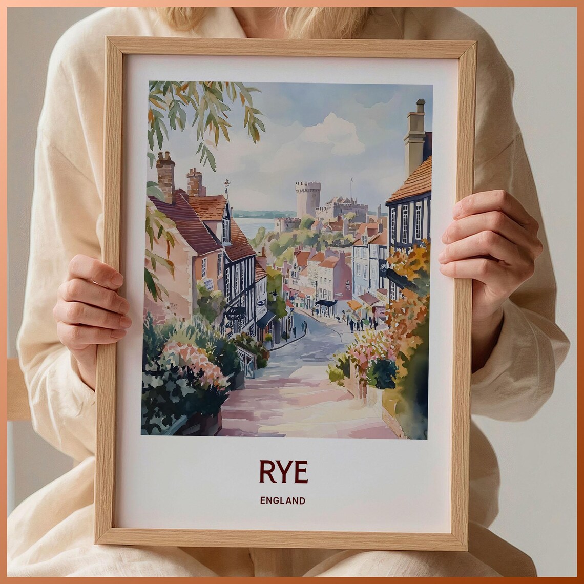 Rye England Historic Cobbled Street Watercolor Travel Poster