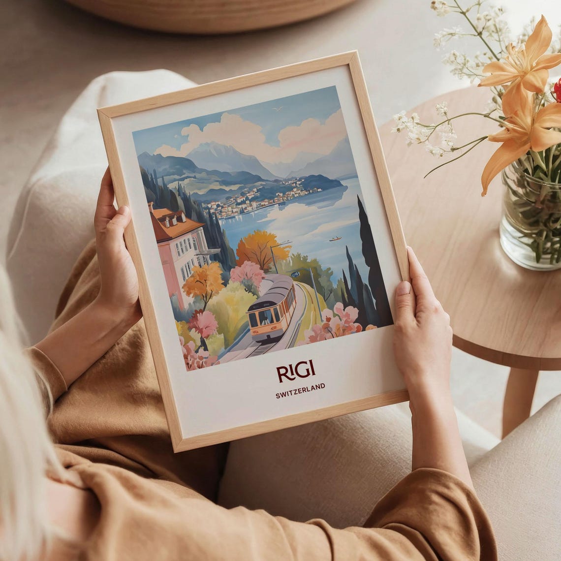 Rigi Switzerland Pastel Cogwheel Train Lake Mountain Scene Poster - Image 5